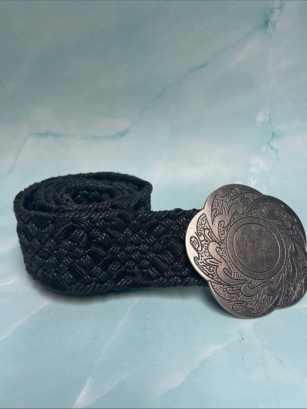 Braided Black and navy Belt with Decorative Silver Buckle